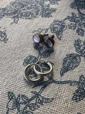 2 Pairs 925 Silver Earrings. Small Hoops and Small Purple Stone Studs